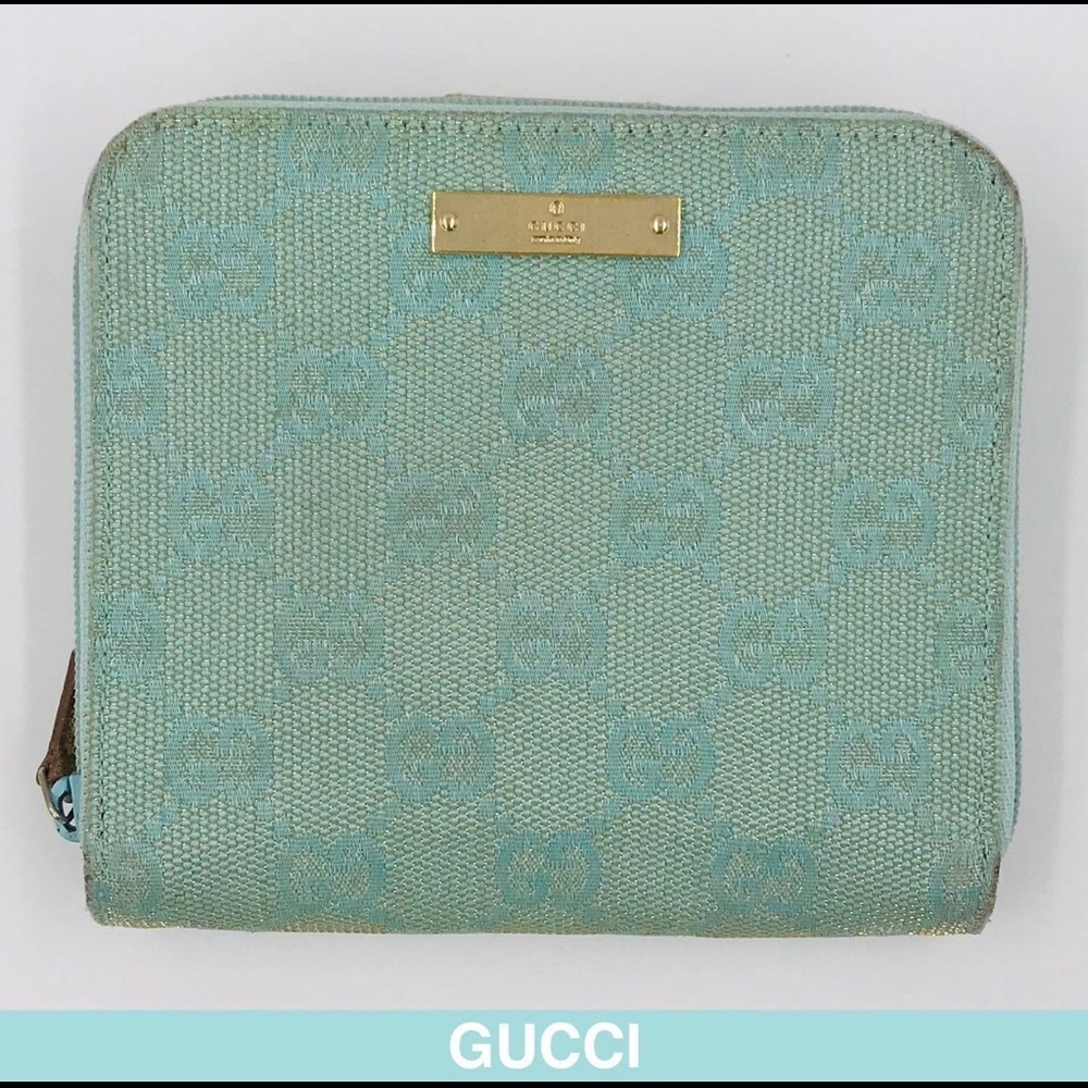 Gucci GG canvas mint green and gold leather wallet